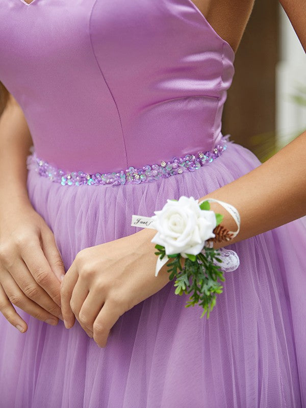 A-Line/Princess Tulle Ruffles Sweetheart Sleeveless Floor-Length Dresses