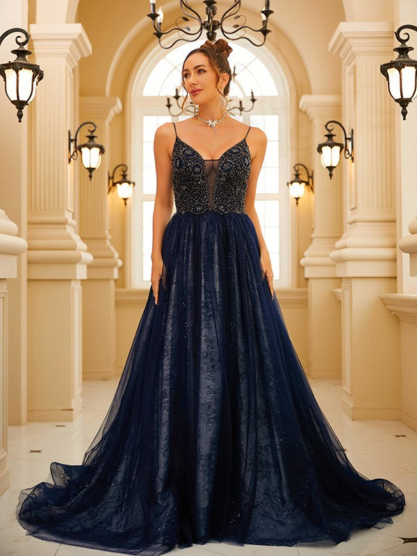 A-Line/Princess Tulle Beading V-neck Sleeveless Sweep/Brush Train Dresses