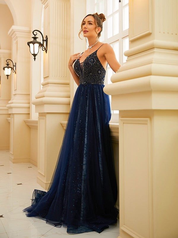 A-Line/Princess Tulle Beading V-neck Sleeveless Sweep/Brush Train Dresses