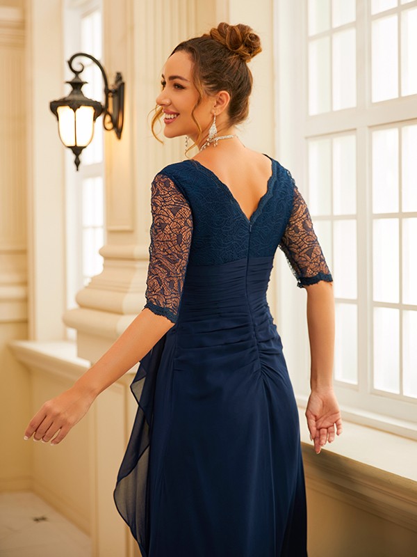 A-Line/Princess Chiffon Ruched V-neck 1/2 Sleeves Floor-Length Dresses