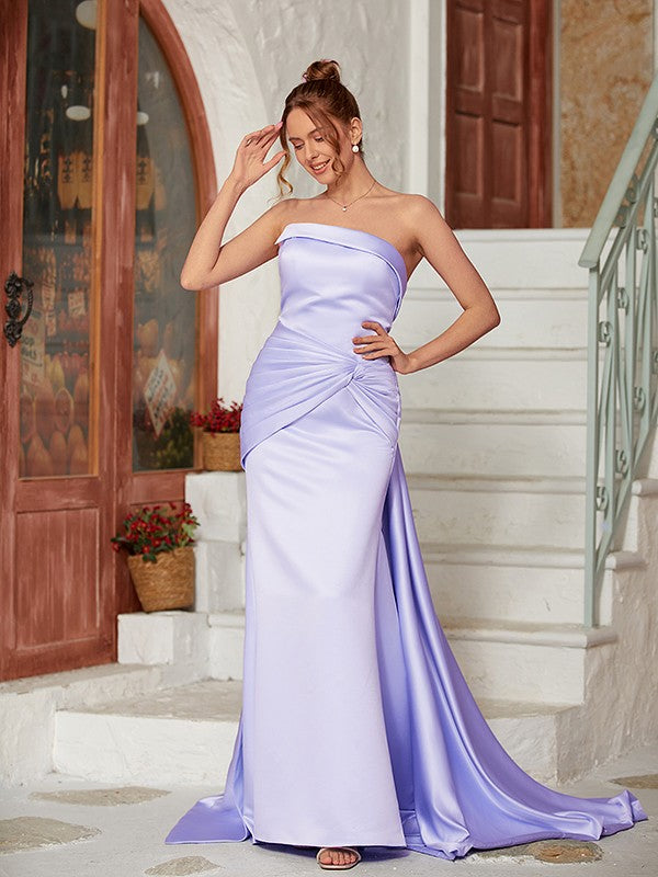 Sheath/Column Charmeuse Ruched Strapless Sleeveless Court Train Dresses