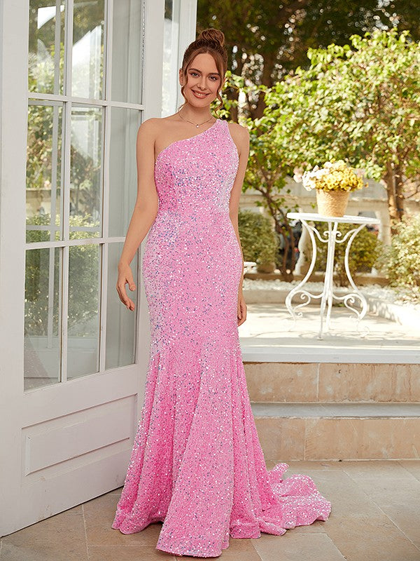 Sheath/Column Velvet Sequins Ruched One-Shoulder Sleeveless Sweep/Brush Train Dresses