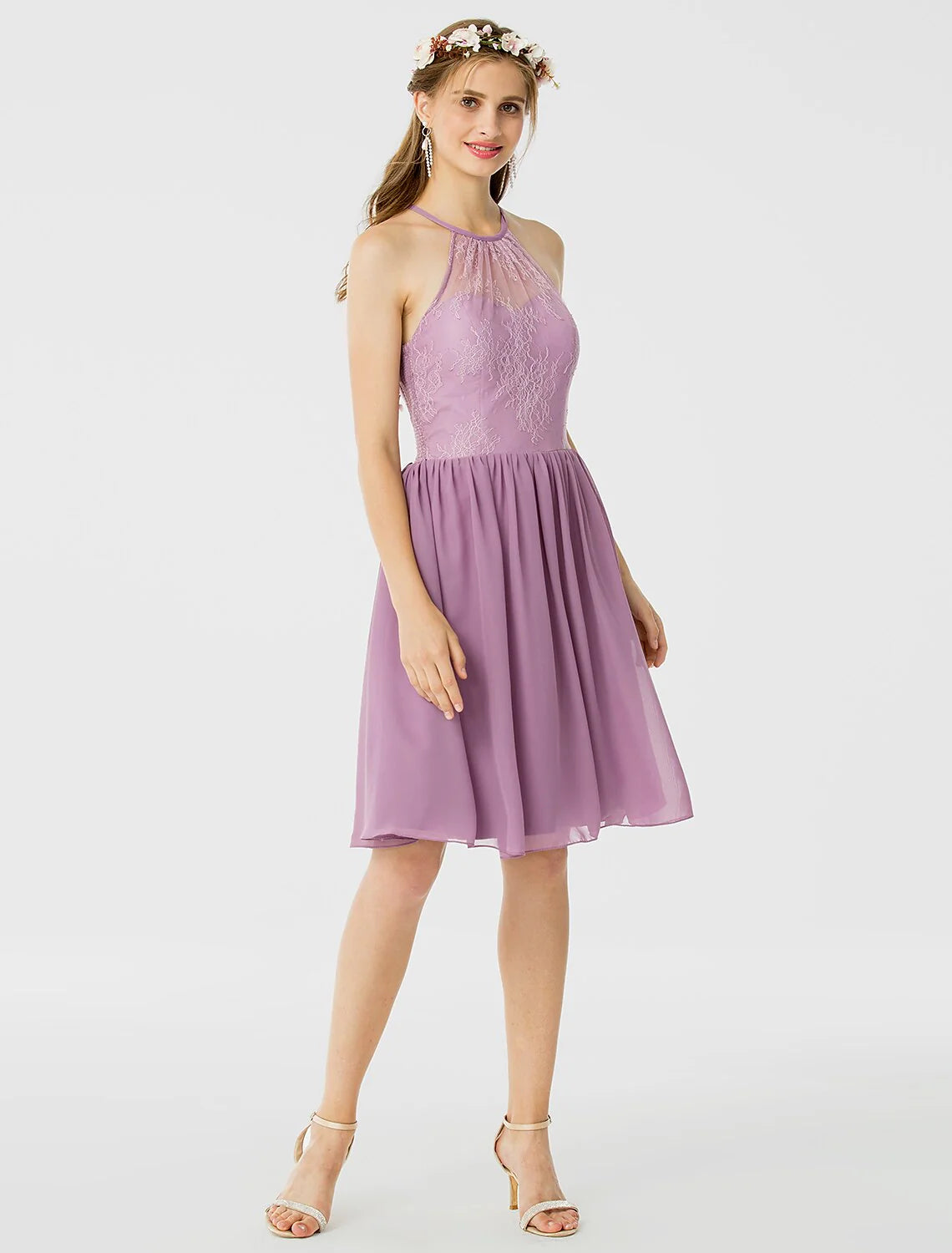 DingjiA-Line / Princess Halter Neck Knee Length Chiffon / Corded Lace Bridesmaid Dress with Sash / Ribbon / Pleats