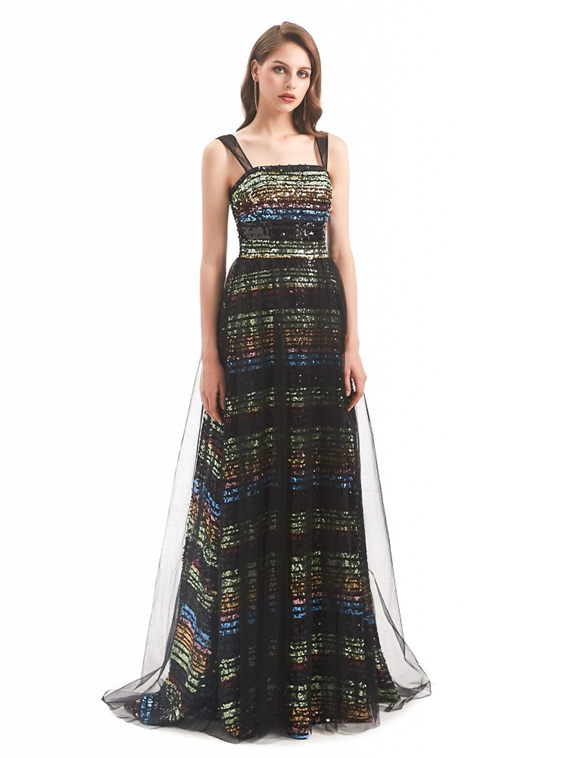 Sheath / Column Evening Gown Vintage Dress Engagement Formal Evening Sweep / Brush Train Sleeveless Boat Neck Tulle with Sequin