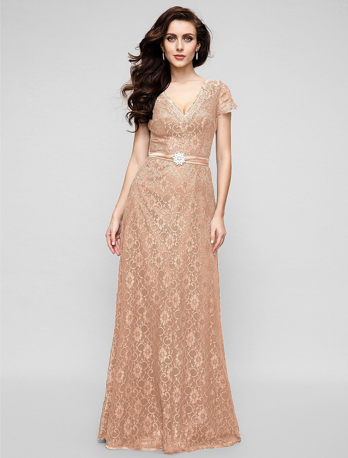 A-Line Elegant Dress Holiday Cocktail Party Floor Length Short Sleeve V Neck All Over Lace with Crystal Brooch