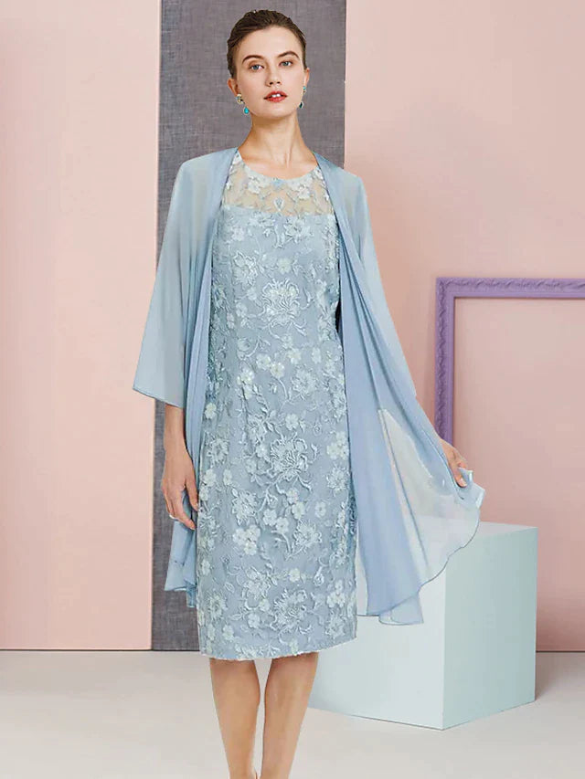 Two Piece Sheath / Column Mother of the Bride Dress Formal Wedding Guest Vintage Elegant Scoop Neck Knee Length Chiffon Lace Sleeveless Jacket Dresses with Appliques
