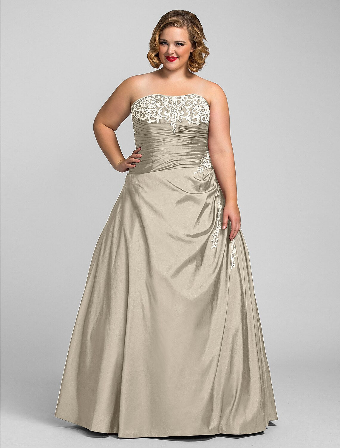 Ball Gown Plus Size Prom Formal Evening Dress Strapless Sleeveless Floor Length Taffeta with Beading Appliques