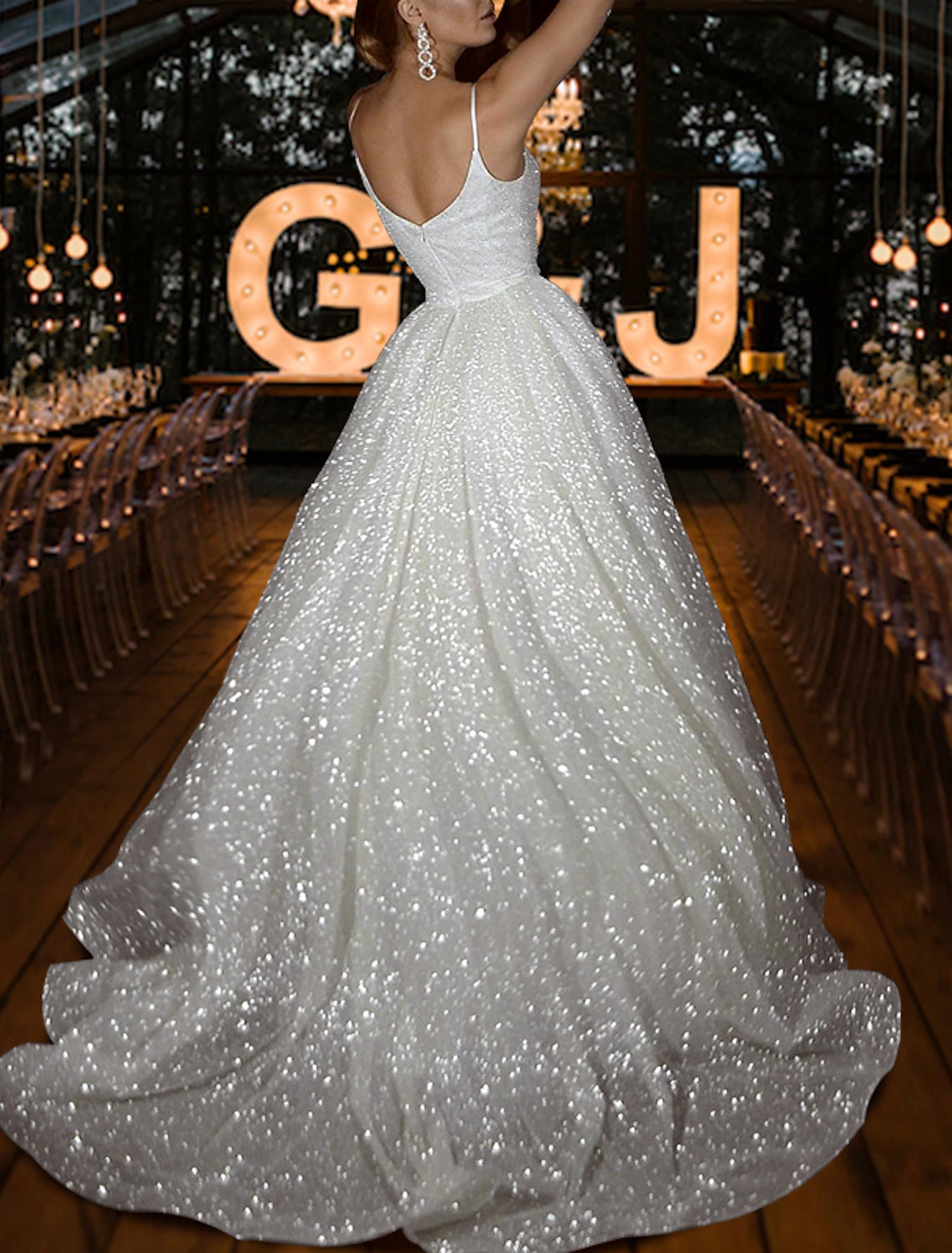 Hall Sparkle & Shine Casual Wedding Dresses A-Line Camisole V Neck Spaghetti Strap Sweep / Brush Train Sequined Bridal Gowns With Solid Color Summer Fall Wedding Party , Women's Clothing