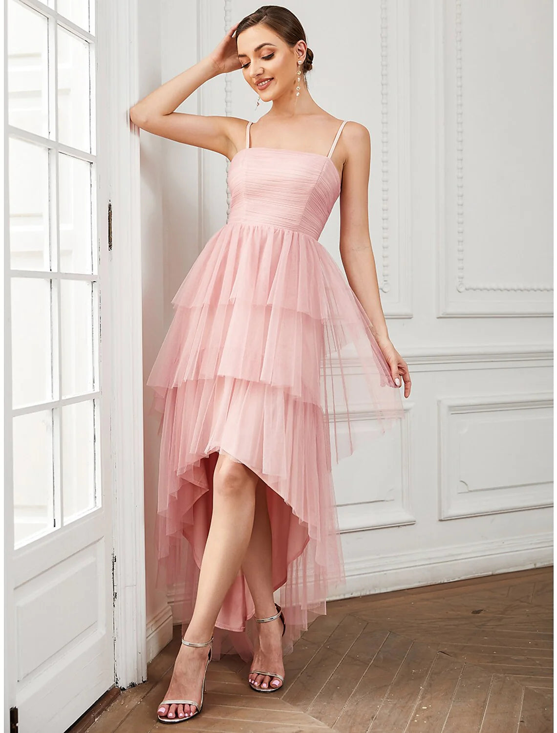 DingjiA-Line Party Dresses Vintage Dress Prom Knee Length Sleeveless Spaghetti Strap Tulle with Ruched