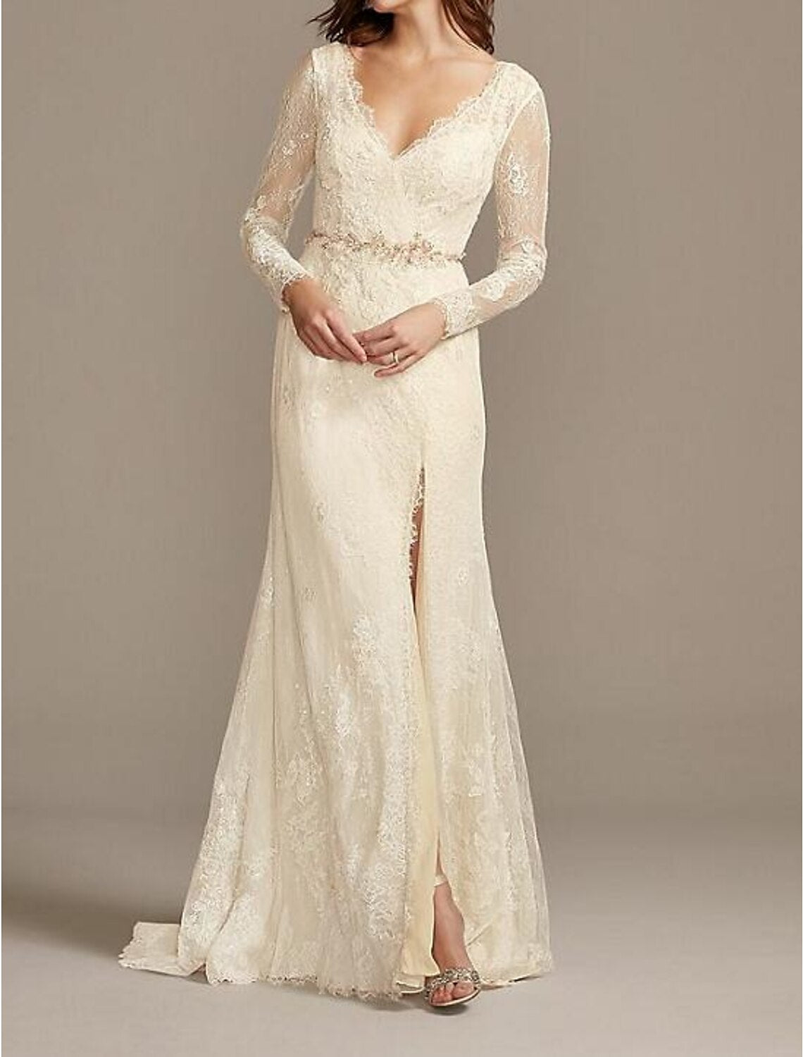 Engagement Formal Fall Wedding Dresses Sheath / Column V Neck Long Sleeve Floor Length Lace Bridal Gowns With Lace Sashes / Ribbons Summer Wedding Party, Women‘s Clothing