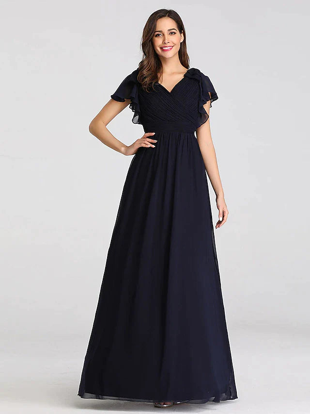 A-Line Mother of the Bride Dress Plus Size V Neck Floor Length Chiffon Short Sleeve with Ruffles Ruching