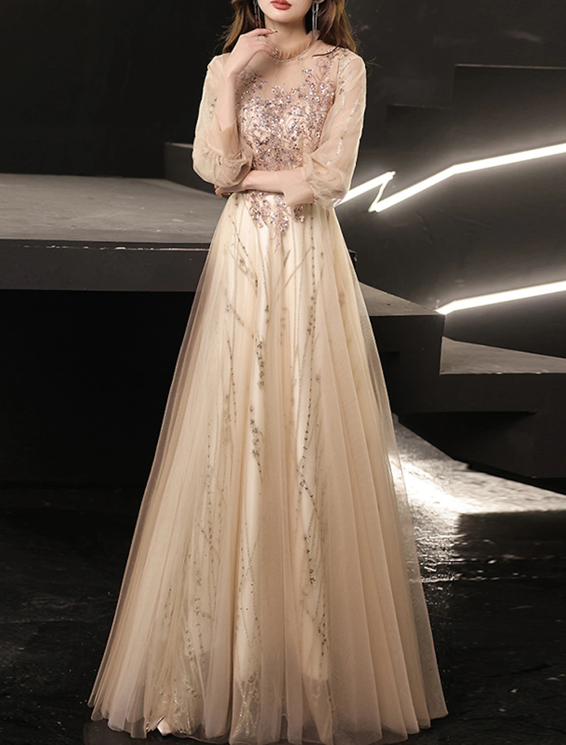 A-Line Prom Dresses Glittering Dress Wedding Guest Prom Floor Length Long Sleeve High Neck Tulle with Beading Appliques