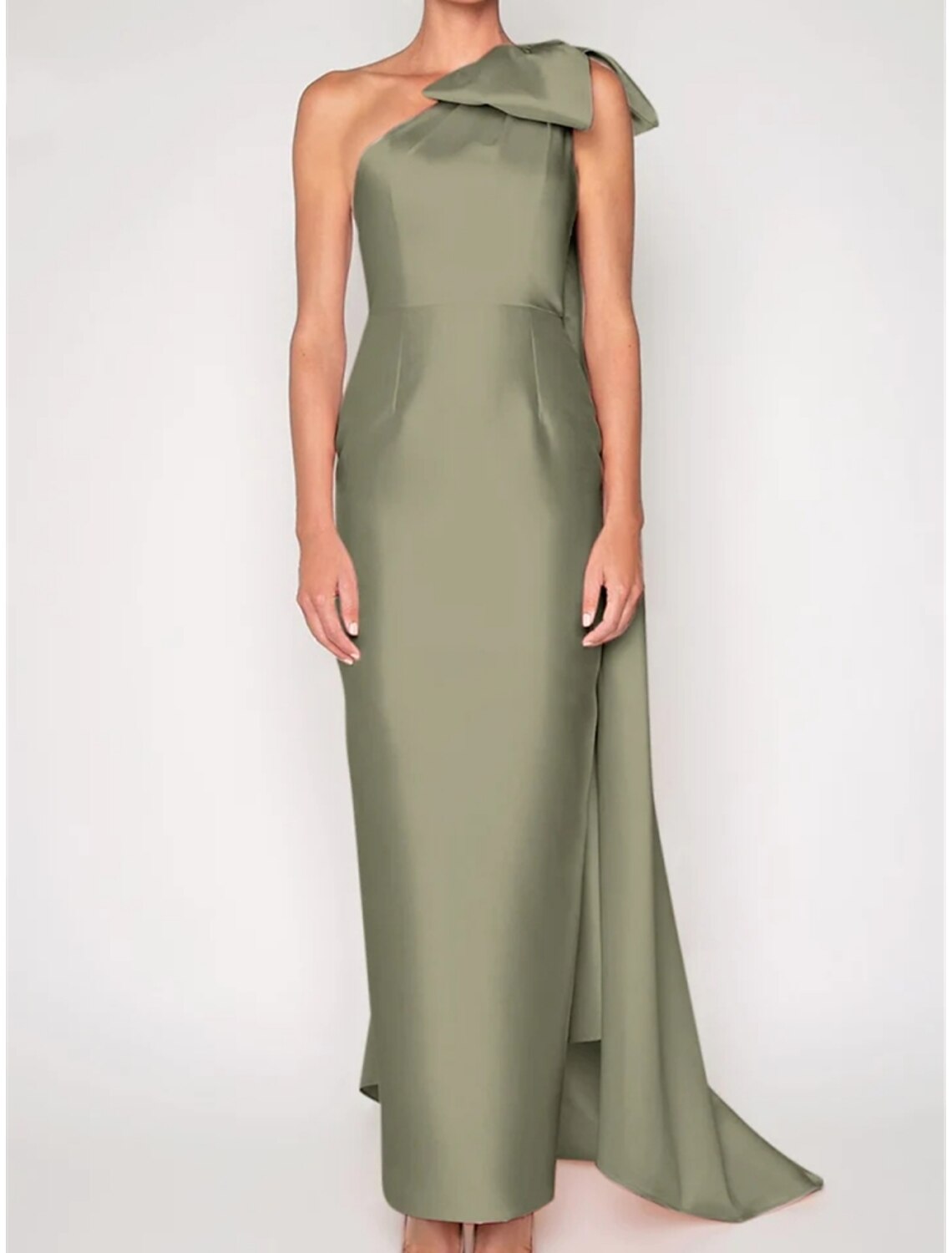 Sheath Satin Evening Gown Elegant Red Green Dress Dress Formal Sweep / Brush Train Sleeveless One Shoulder with Shouder Flower