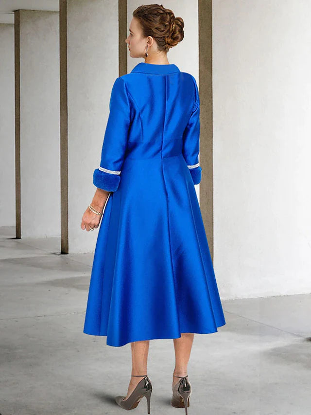 Two Piece A-Line Mother of the Bride Dress Elegant Jewel Neck Tea Length Satin Half Sleeve Jacket Dresses with Bow(s) Pleats Crystals