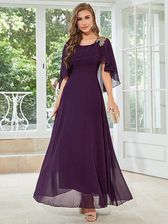 DingjiA-Line Wedding Guest Dresses Elegant Dress Party Wear Floor Length Half Sleeve Jewel Neck Chiffon with Ruffles