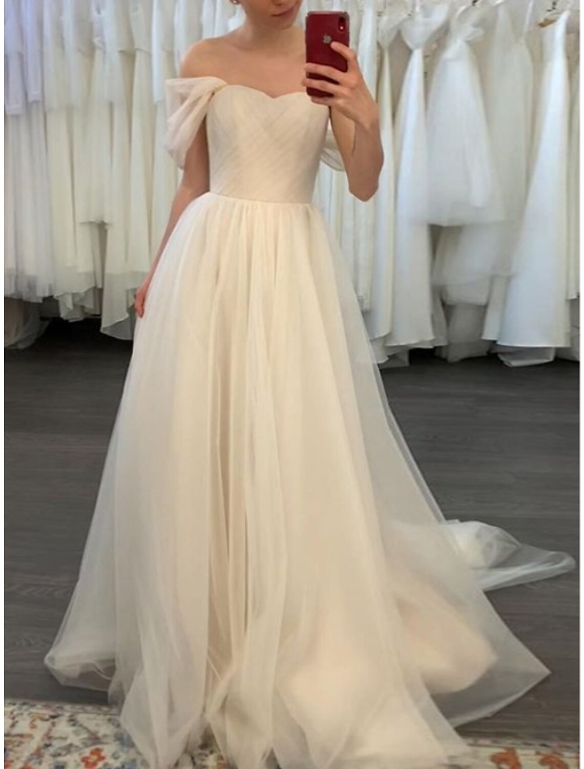 Engagement Casual Wedding Dresses Sheath / Column Off Shoulder Short Sleeve Court Train Tulle Bridal Gowns With Pleats Solid Color