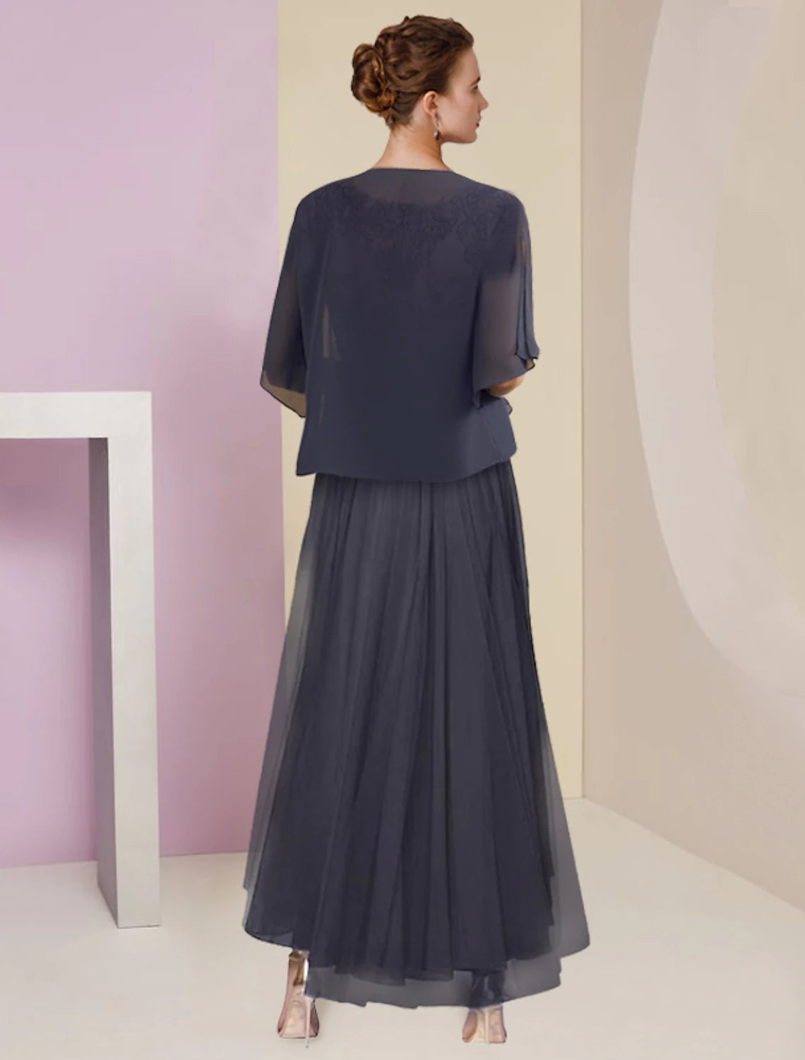 Two Piece A-Line Mother of the Bride Dress Formal Wedding Guest Elegant High Low V Neck Asymmetrical Tea Length Chiffon Lace Short Sleeve Wrap Included with Appliques 2023