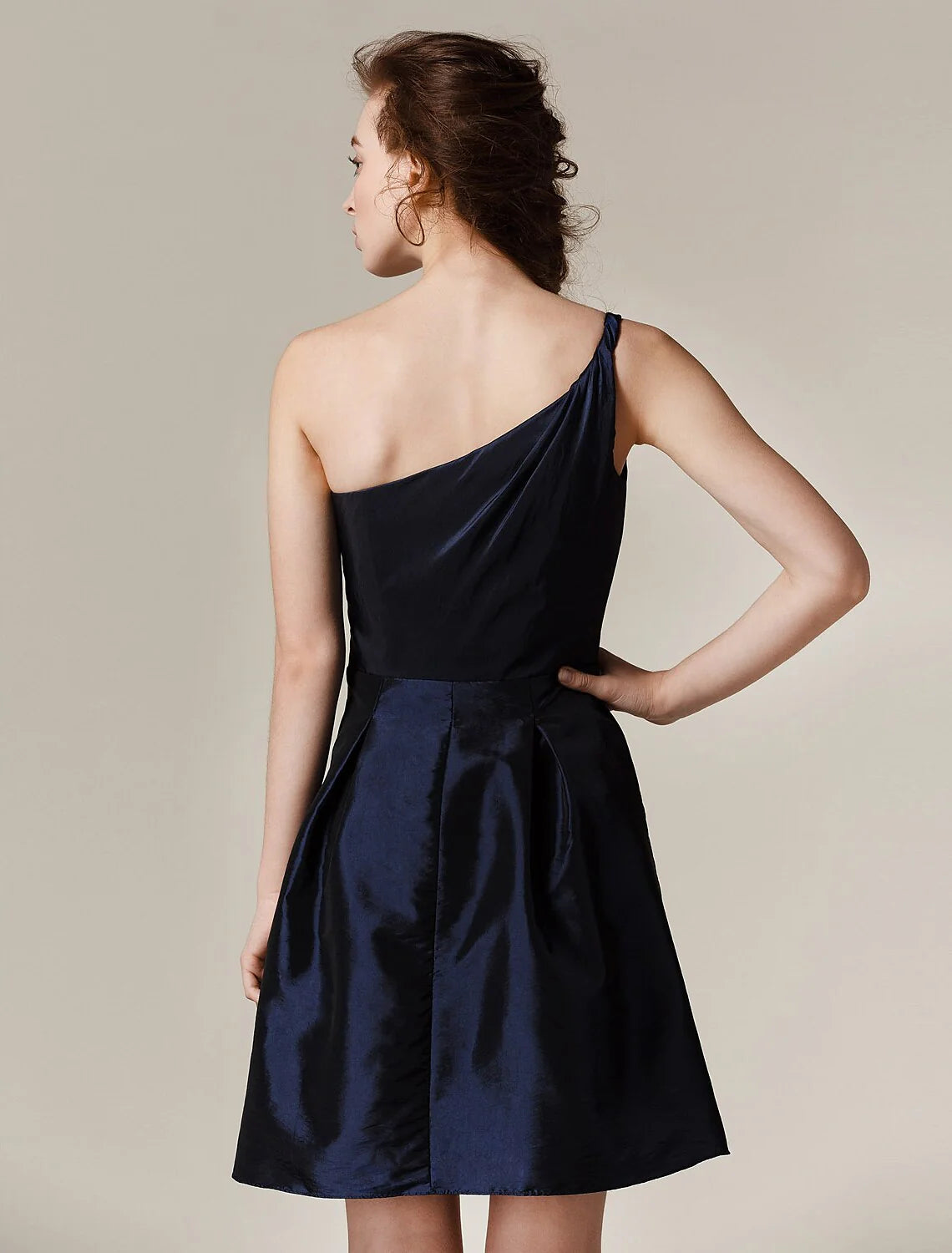 A-Line / Princess One Shoulder Short / Mini Taffeta Bridesmaid Dress with Pleats
