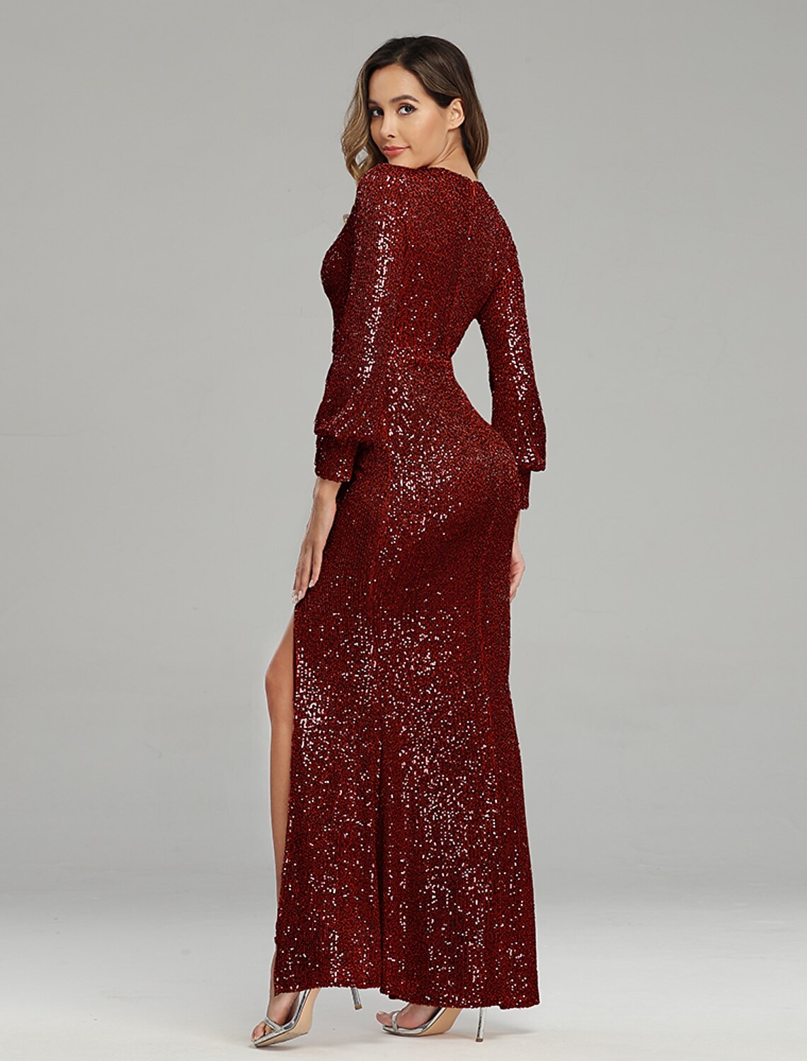 Mermaid / Trumpet Evening Gown Sparkle Dress Party Wear Floor Length Long Sleeve V Neck Sequined with Sequin