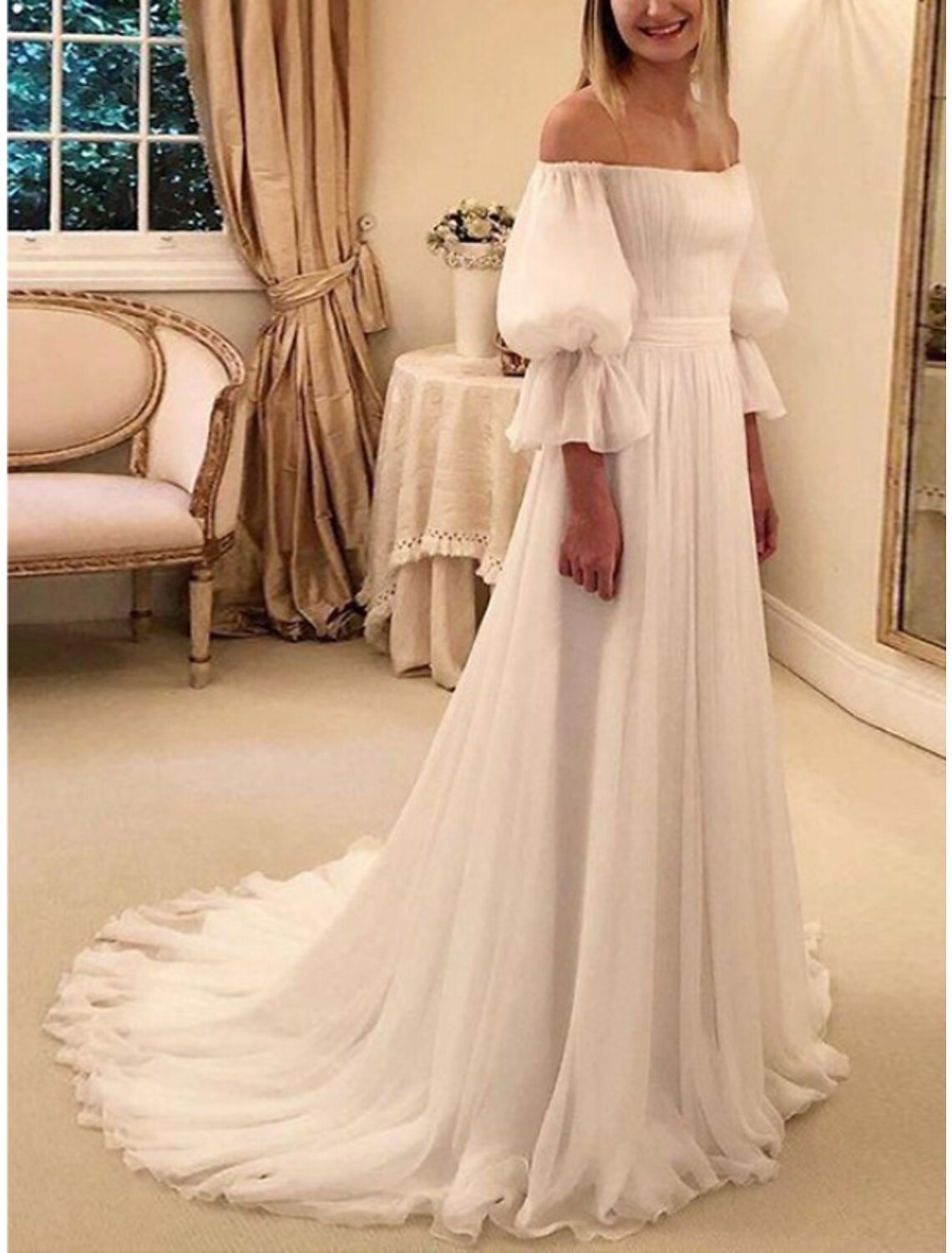 Beach Casual Wedding Dresses Sheath / Column Off Shoulder 3/4 Length Sleeve Court Train Chiffon Bridal Gowns With Pleats
