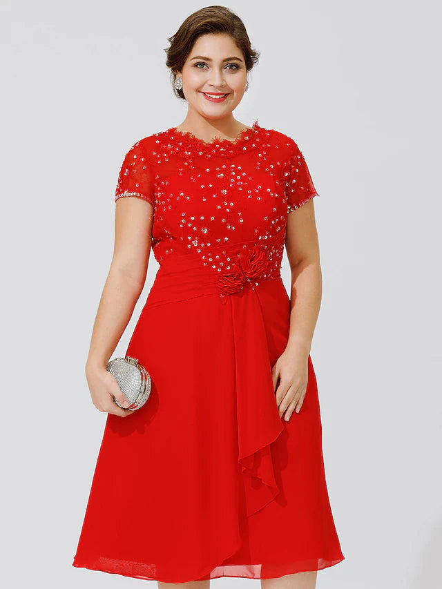 A-Line Mother of the Bride Dress Elegant & Luxurious Beautiful Back Plus Size Jewel Neck Knee Length Chiffon Beaded Lace Short Sleeve No with Pleats Beading Flower