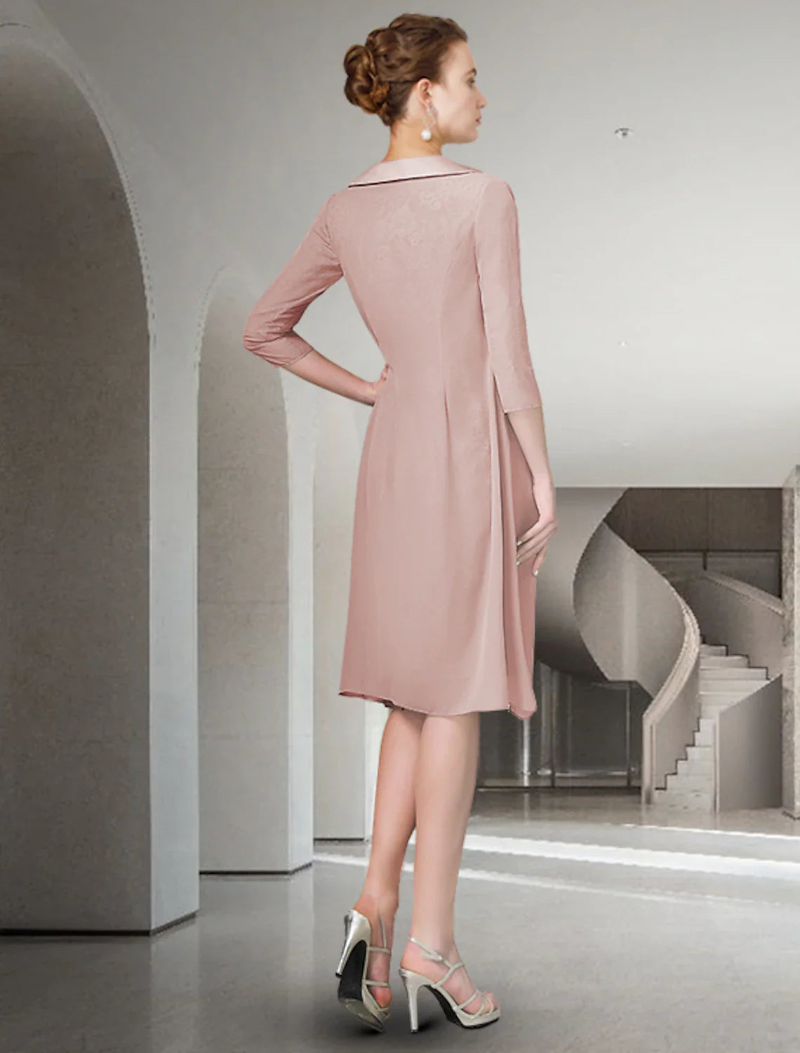 DingjiTwo Piece Sheath / Column Mother of the Bride Dress Fall Wedding Guest Church Plus Size Elegant Jewel Neck Knee Length Chiffon Lace Half Sleeve Wrap Included Jacket Dresses with Ruched Appliques