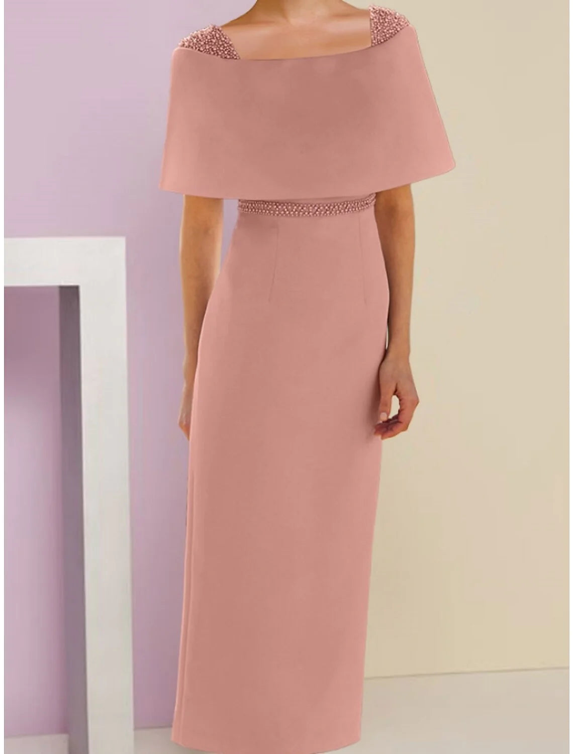 A-Line Mother of the Bride Dress Wedding Guest Elegant Off Shoulder Ankle Length Short Sleeve with Beading Solid Color