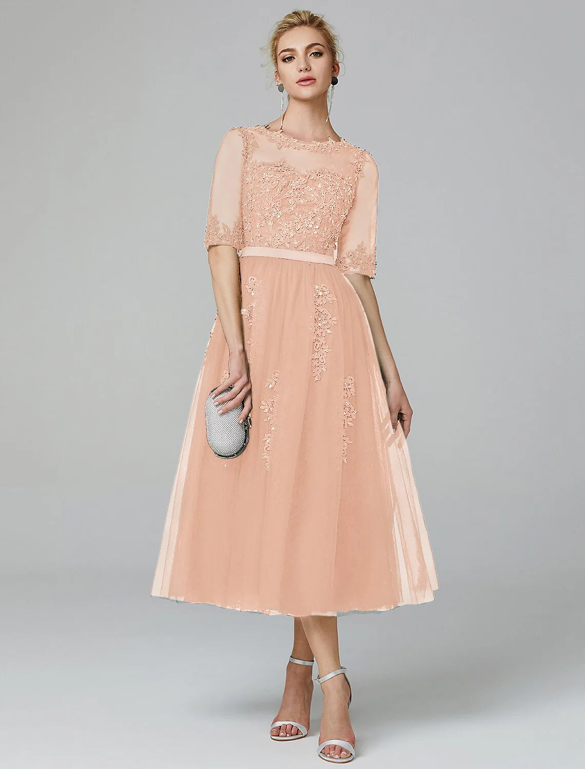 DingjiA-Line Cocktail Dress Christmas Red Green Dress Formal Evening Kentucky Derby Tea Length Sleeveless Illusion Neck Fall Wedding Guest Lace Over Tulle with Sequin Appliques