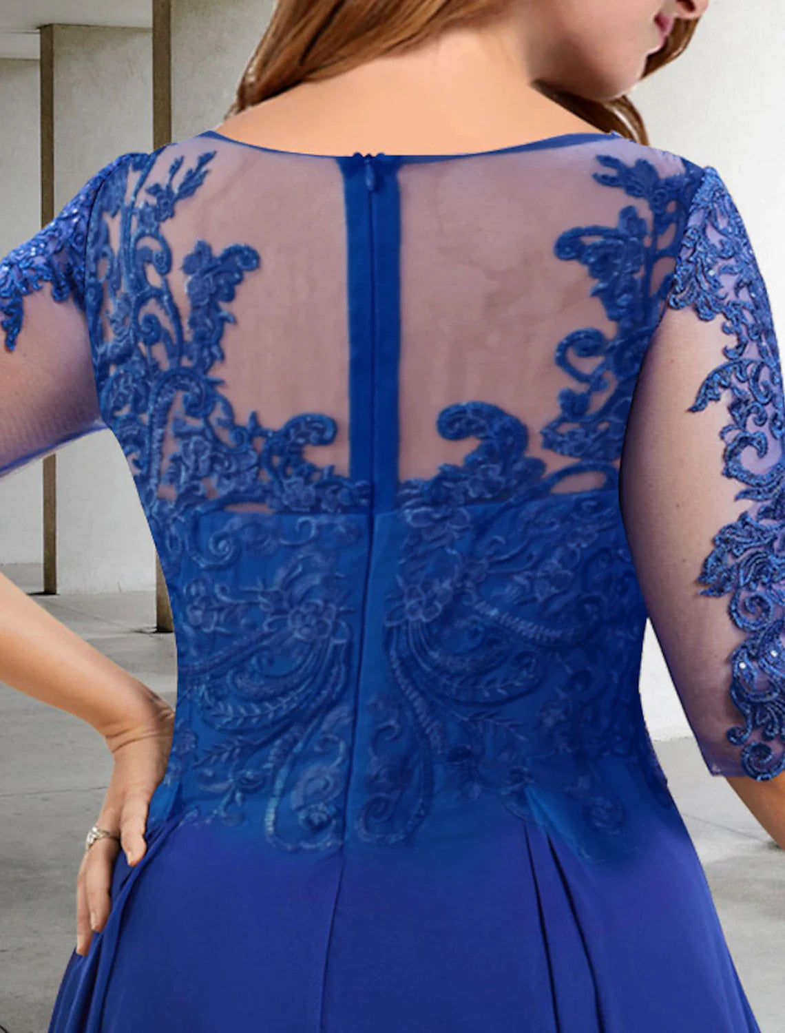 A-Line Plus Size Curve Mother of the Bride Dresses Elegant Dress Formal Wedding Guest Tea Length Half Sleeve Jewel Neck Chiffon with Pleats Sequin Appliques