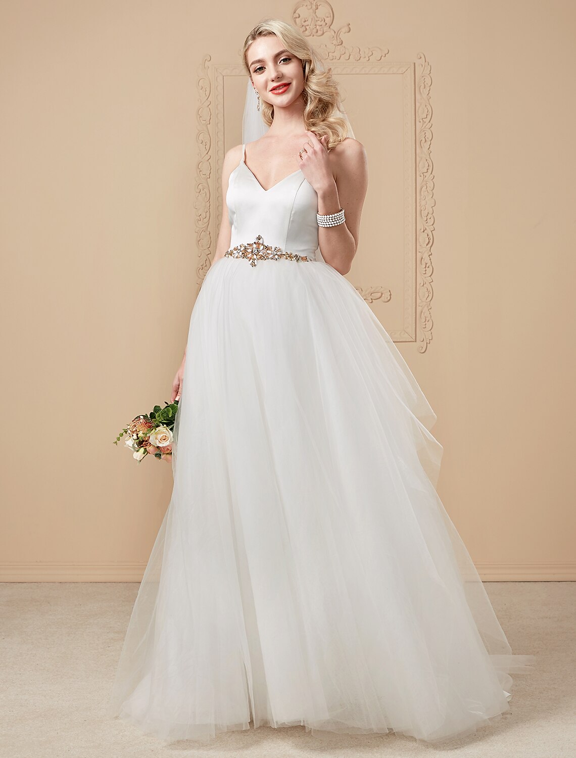 Ball Gown V Neck Court Train Satin / Tulle Made-To-Measure Wedding Dresses with Beading / Crystals by / Open Back