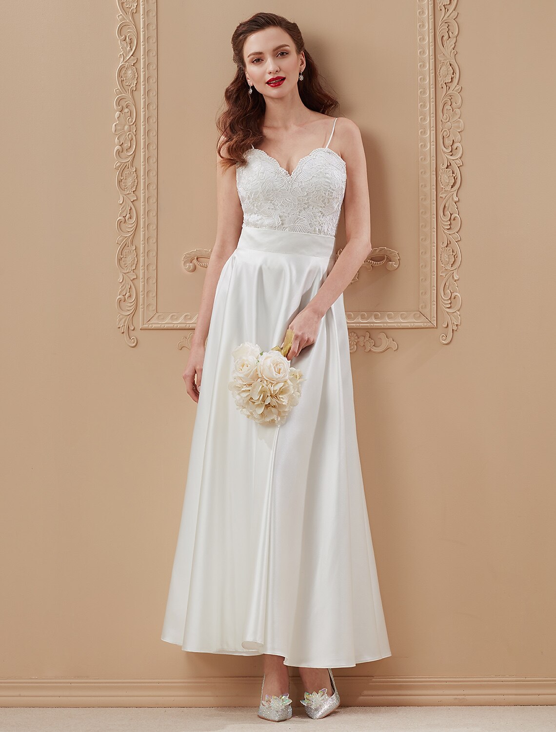 A-Line / Princess Spaghetti Strap Ankle Length Satin / Corded Lace Made-To-Measure Wedding Dresses with Appliques / Sashes / Ribbons / Open Back