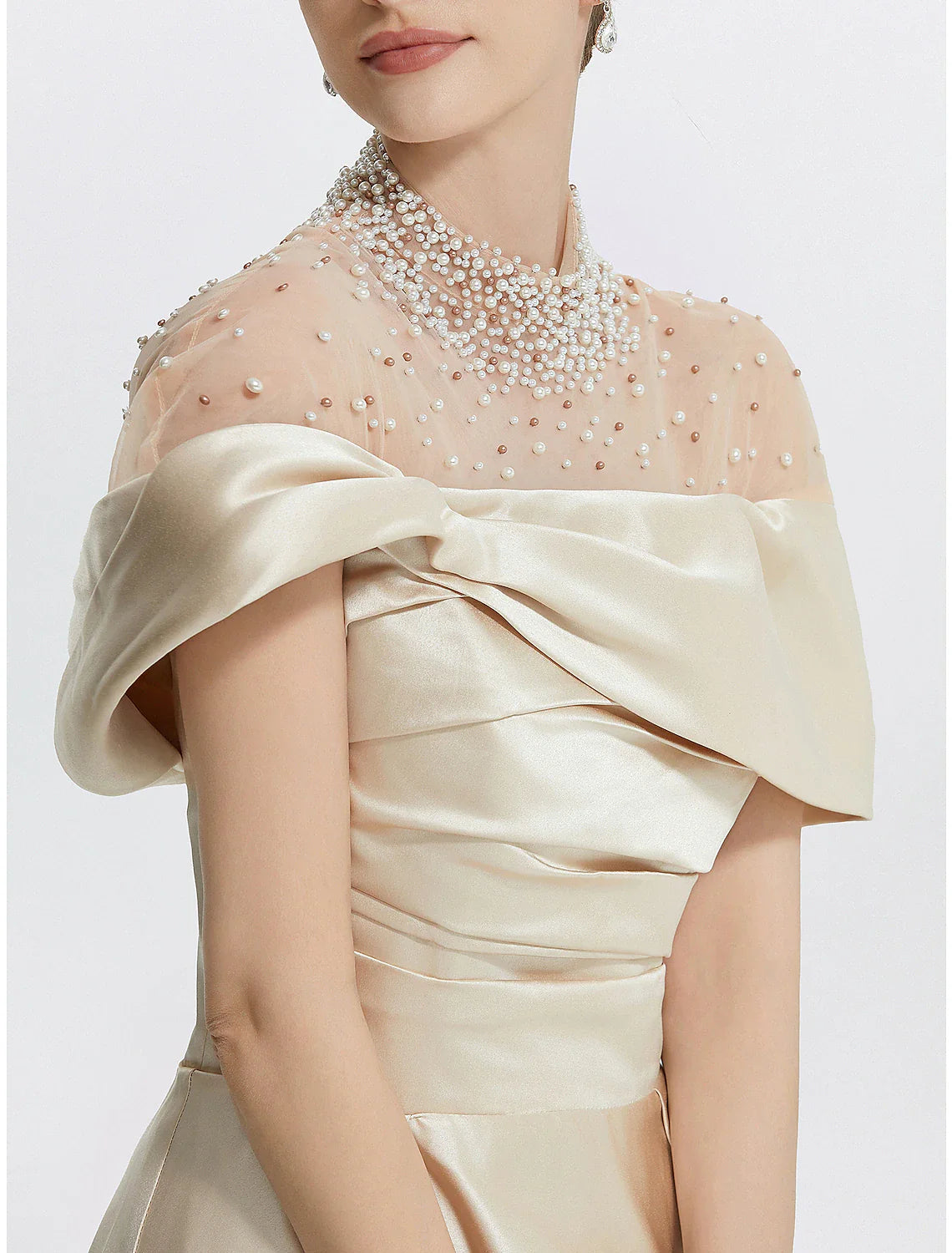 DingjiA-Line Evening Gown Elegant Dress Formal Prom Floor Length Sleeveless High Neck Italy Satin with Ruched Pearls