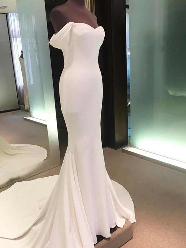 Sheath/Column Off-the-Shoulder Short Sleeves Court Train Spandex Wedding Dresses