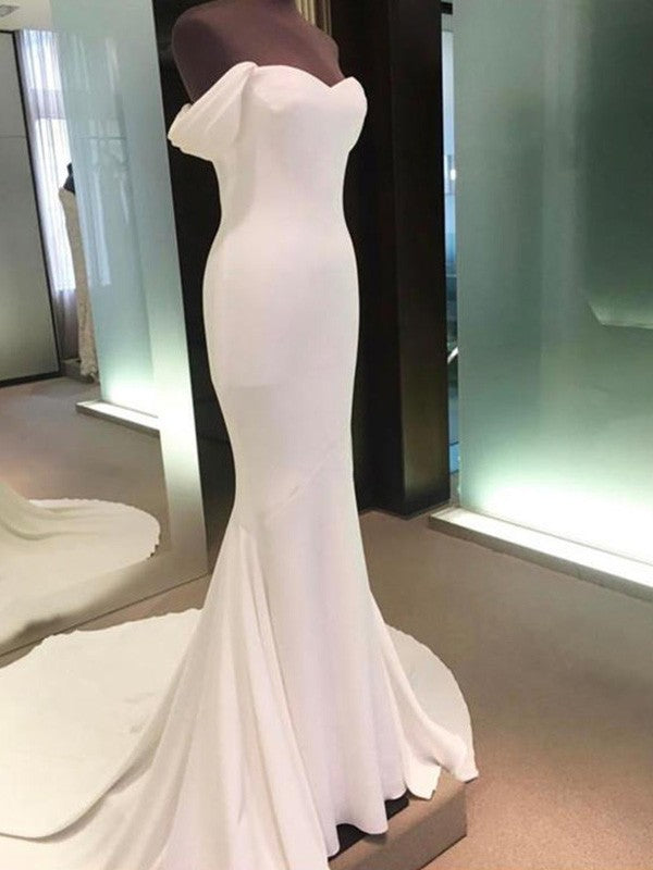 Sheath/Column Off-the-Shoulder Short Sleeves Court Train Spandex Wedding Dresses