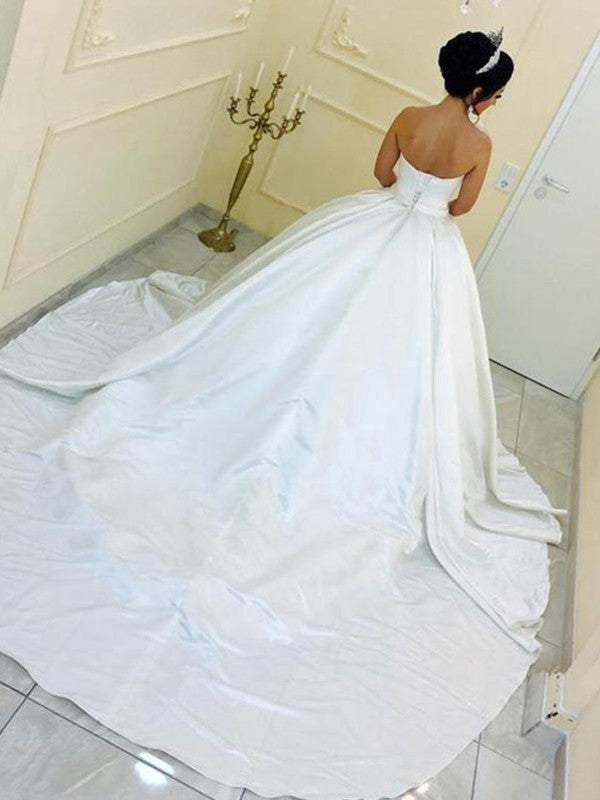 Ball Gown Sweetheart Satin Sleeveless Sash/Ribbon/Belt Cathedral Train Wedding Dresses