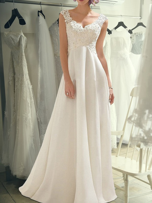 Empire Sleeveless Sweep/Brush Train V-neck Lace Chiffon Wedding Dresses