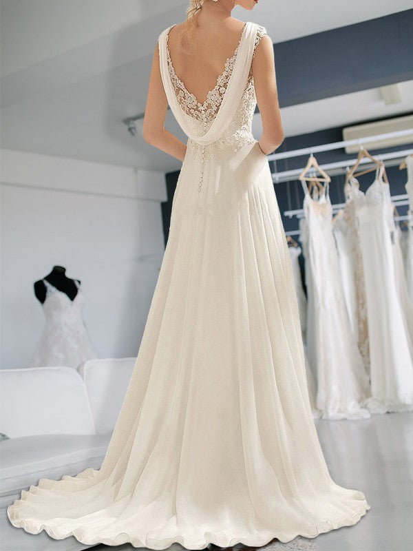 Empire Sleeveless Sweep/Brush Train V-neck Lace Chiffon Wedding Dresses
