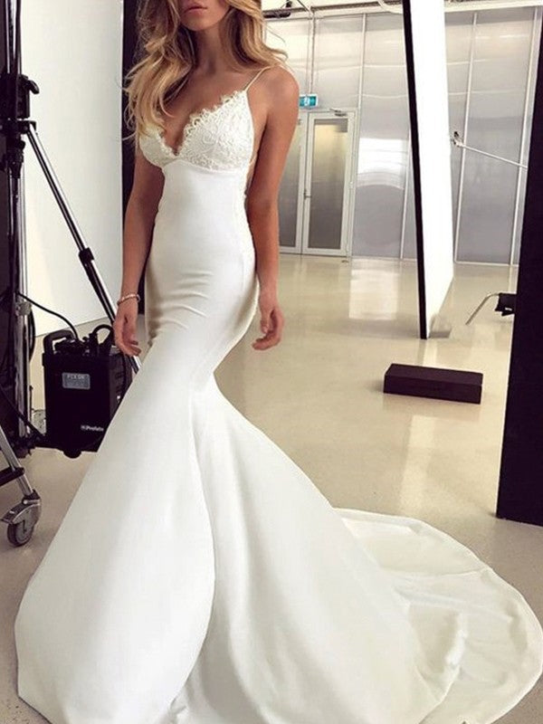 Trumpet/Mermaid Spaghetti Straps Sleeveless Sweep/Brush Train Lace Stretch Crepe Wedding Dresses