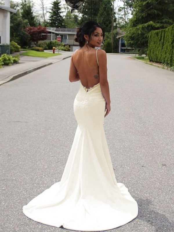 Trumpet/Mermaid Spaghetti Straps Sleeveless Sweep/Brush Train Lace Stretch Crepe Wedding Dresses
