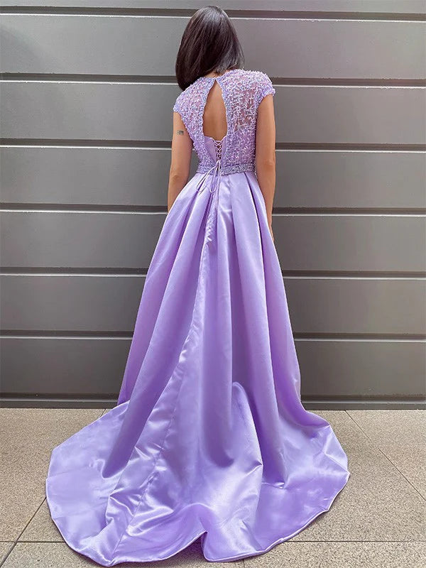 A-Line Princess Satin Scoop Short Sleeves Beading Prom Dresses