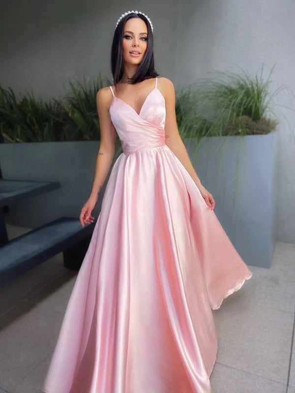 A-Line Princess V-neck Satin Ruched Sleeveless Floor-Length Prom Dresses