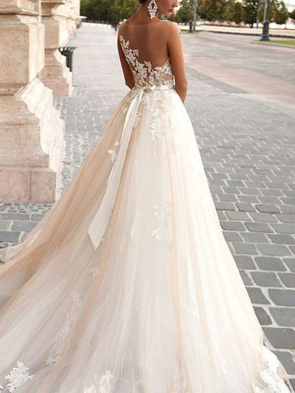 A-Line/Princess Tulle Scoop Applique Sleeveless Court Train Wedding Dresses