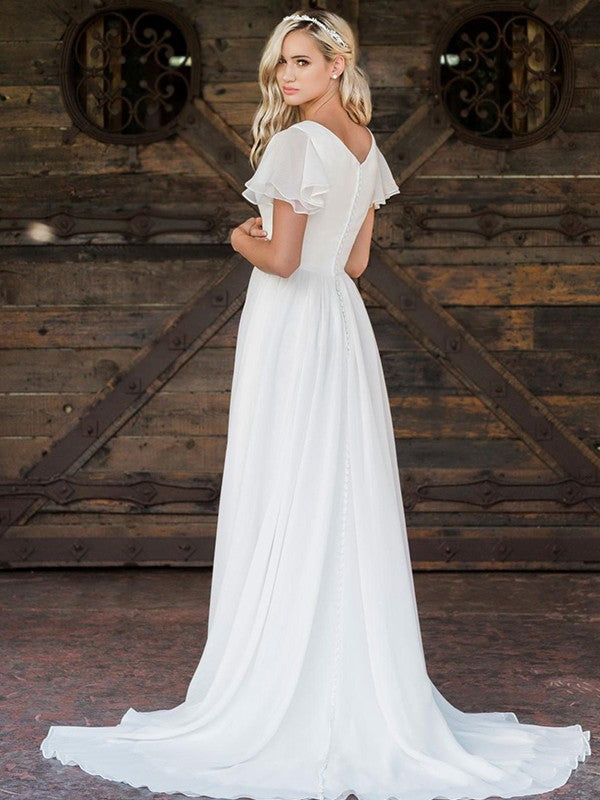 A-Line/Princess Chiffon Ruffles V-neck Short Sleeves Sweep/Brush Train Wedding Dresses