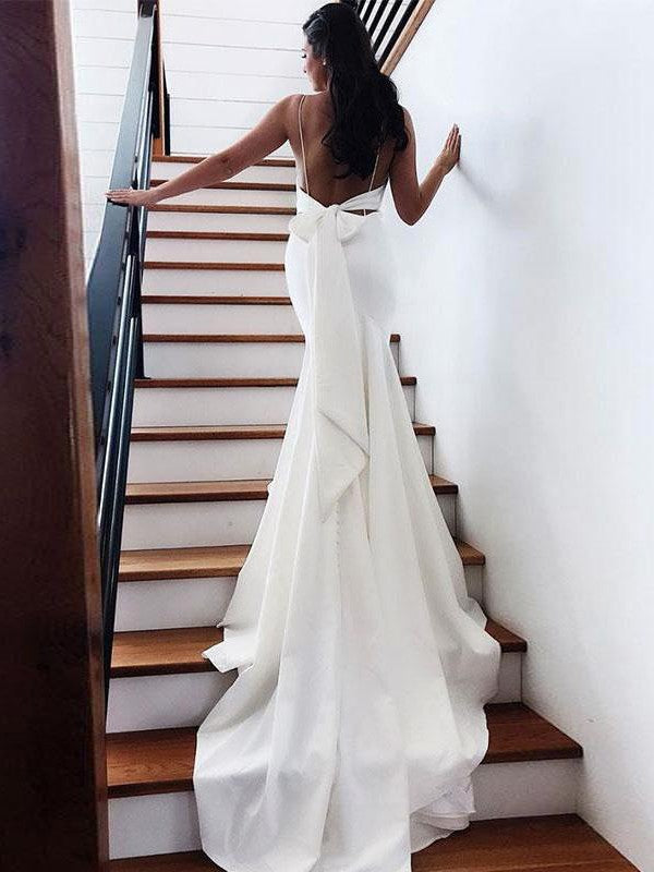 Sheath/Column Stretch Crepe Ruffles V-neck Sleeveless Chapel Train Wedding Dresses