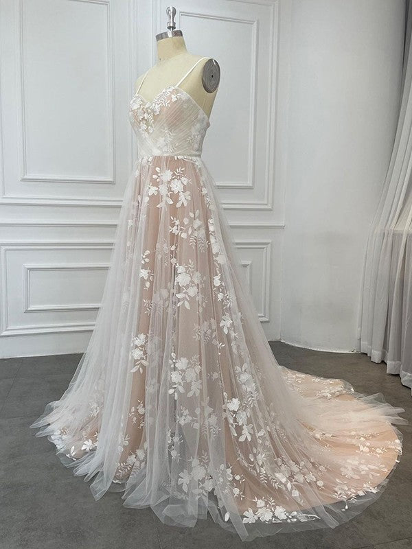 A-Line/Princess Lace Ruffles Sweetheart Sleeveless Sweep/Brush Train Wedding Dresses