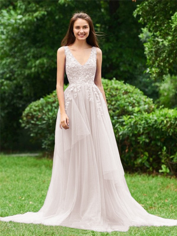 A-Line/Princess Tulle Applique V-neck Sleeveless Sweep/Brush Train Dresses