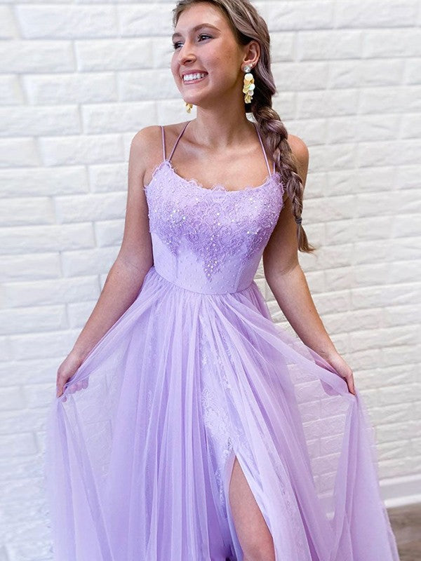 A-Line/Princess Tulle Lace Spaghetti Straps Sleeveless Sweep/Brush Train Dresses