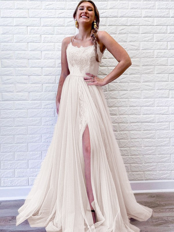 A-Line/Princess Tulle Lace Spaghetti Straps Sleeveless Sweep/Brush Train Dresses