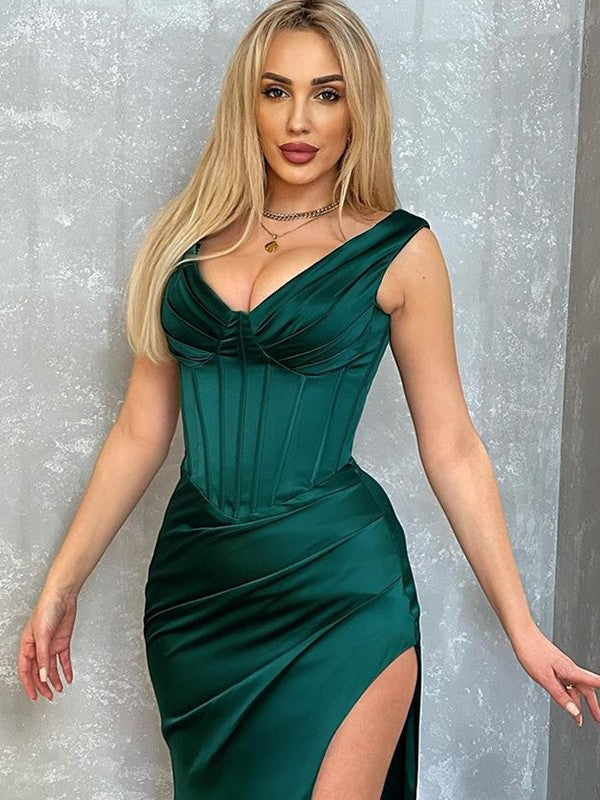 Sheath/Column Silk like Satin Ruched V-neck Sleeveless Sweep/Brush Train Dresses