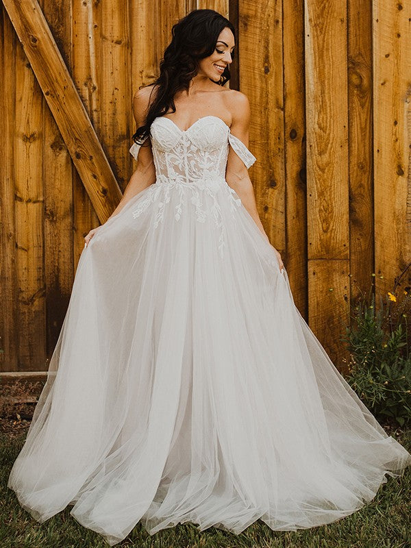A-Line/Princess Tulle Applique Off-the-Shoulder Sleeveless Sweep/Brush Train Wedding Dresses